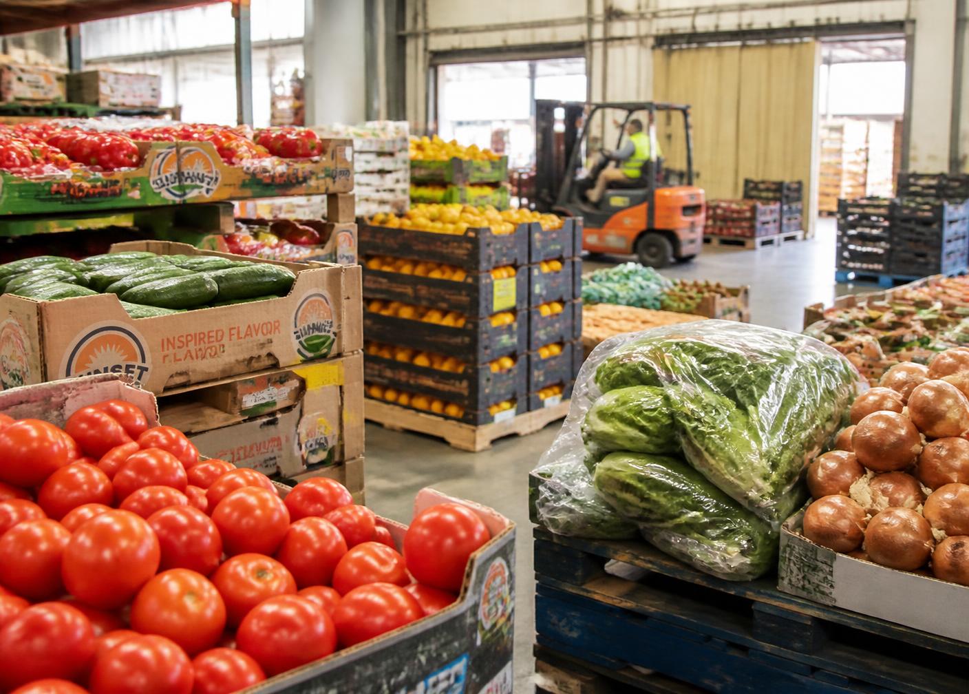 Grossistlager med pallar av tomater, gurka, citrus och salladsgrönt
